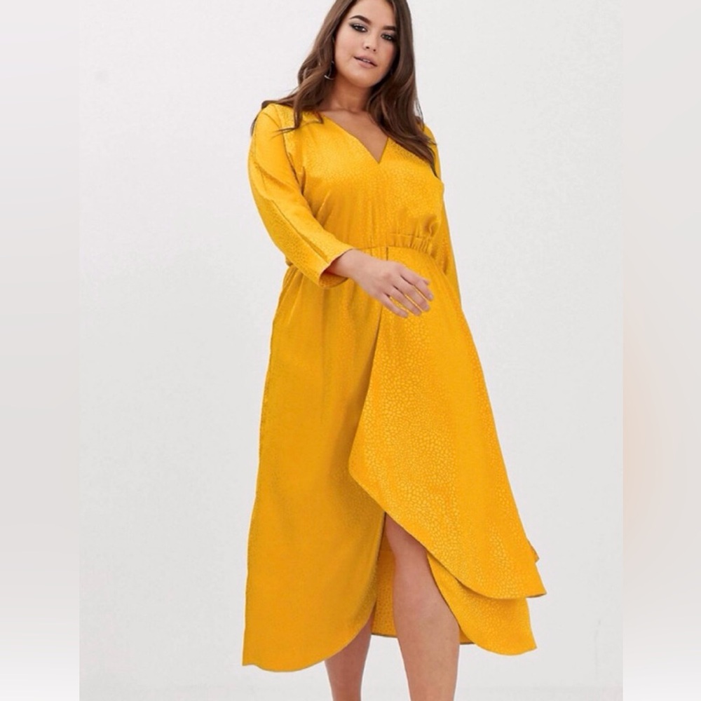 ASOS Curve Womens Dress Size 16 Gold Jacquard Animal Print Satin Midi Fairy Flow